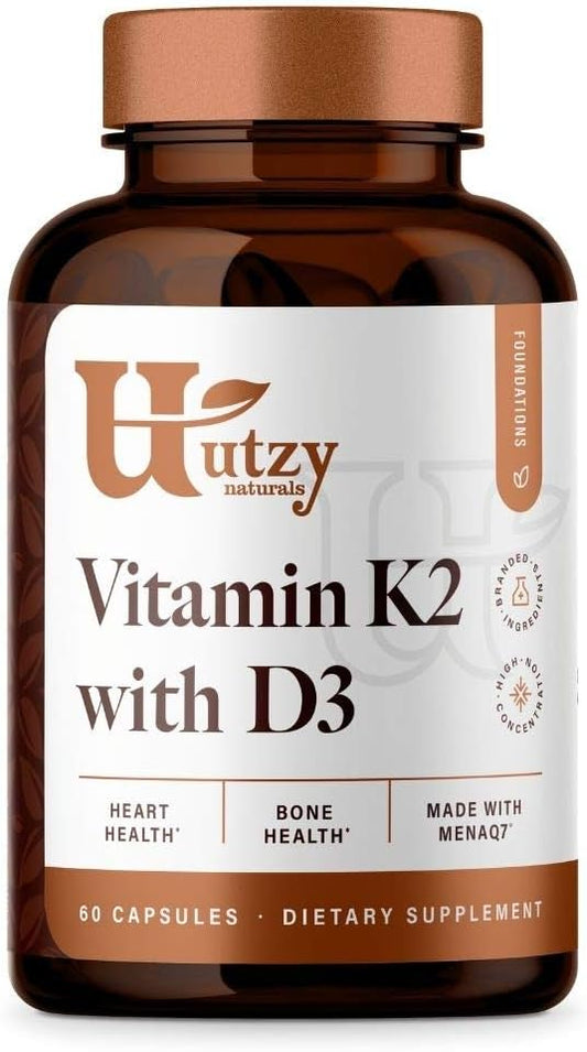 Utzy Naturals Vitamin K2 + D3 Supplement | 45 mcg MenaQ7® K2 | 5,000 IU D3 Cholecalciferol | 60 Servings | USA-Made - BoostGo Australia
