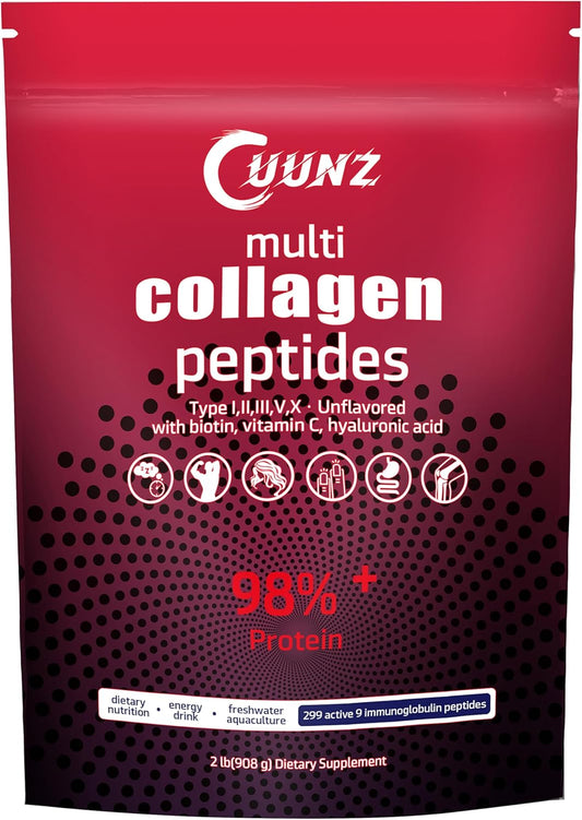 UUNZ Multi Collagen Protein Powder with Biotin, Hyaluronic Acid, Vitamin C - Unflavored Collagen Peptides Supplements - Type I, II, III, V, X - 2lb