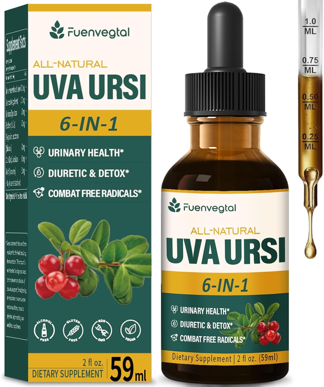 Uva Ursi Bearberry Natural Diuretic Drops for Urinary Health & Kidney Cleanse - Herbal Supplement with Dandelion Root & Cranberry - Alcohol-Free Tincture - 2oz