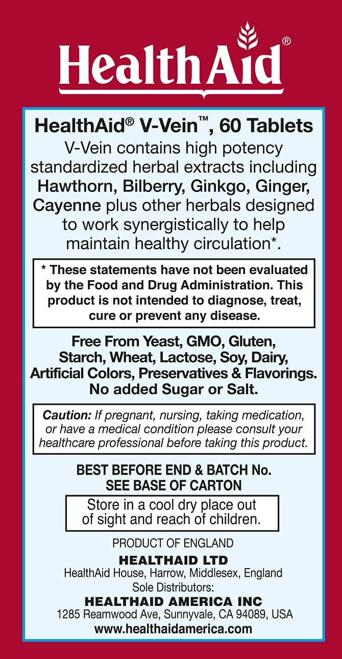 V-Vein by HealthAid: Support Healthy Circulation in Legs and Feet with Ginkgo, Grape Seed, Vitamin C, and Bilberry - 60ct Vegan Capsules