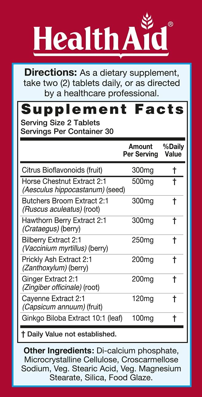 V-Vein by HealthAid: Support Healthy Circulation in Legs and Feet with Ginkgo, Grape Seed, Vitamin C, and Bilberry - 60ct Vegan Capsules