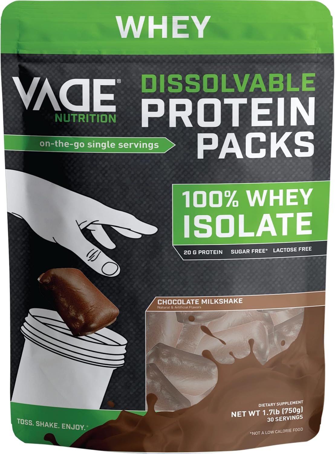 VADE Nutrition Dissolvable Protein Packs - Chocolate Milkshake Flavor - 100% Whey Isolate Protein Powder - Low Carb, Calorie, Lactose, Sugar, Fat, Gluten Free - 30 Packets