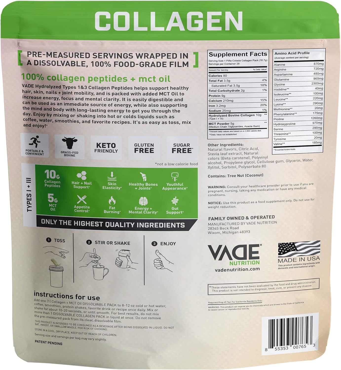 VADE Nutrition Keto Collagen Peptides Powder Packs with MCT Oil - Grass Fed Hydrolyzed Supplement for Hair, Skin, Nails, and Joints - Piña Colada Flavor - 28 Packets