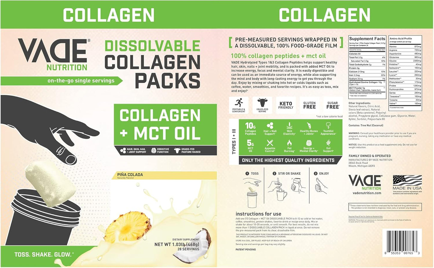 VADE Nutrition Keto Collagen Peptides Powder Packs with MCT Oil - Grass Fed Hydrolyzed Supplement for Hair, Skin, Nails, and Joints - Piña Colada Flavor - 28 Packets