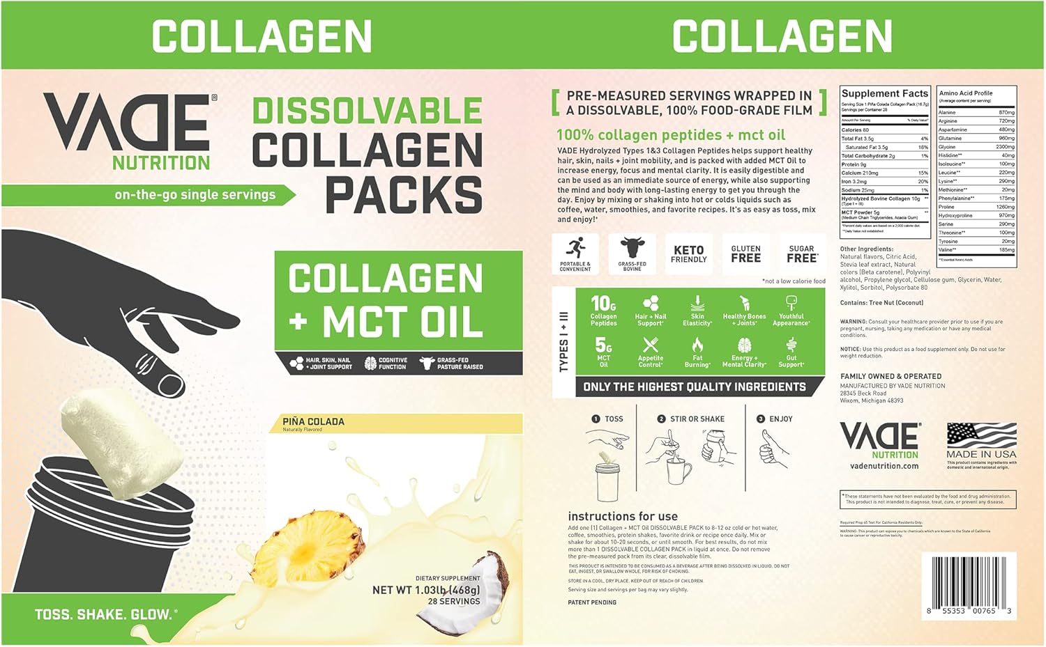 VADE Nutrition Keto Collagen Peptides Powder Packs with MCT Oil - Grass Fed Hydrolyzed Supplement for Hair Skin Nails Joints - Dairy & Gluten Free - 28 Packets (Piña Colada)