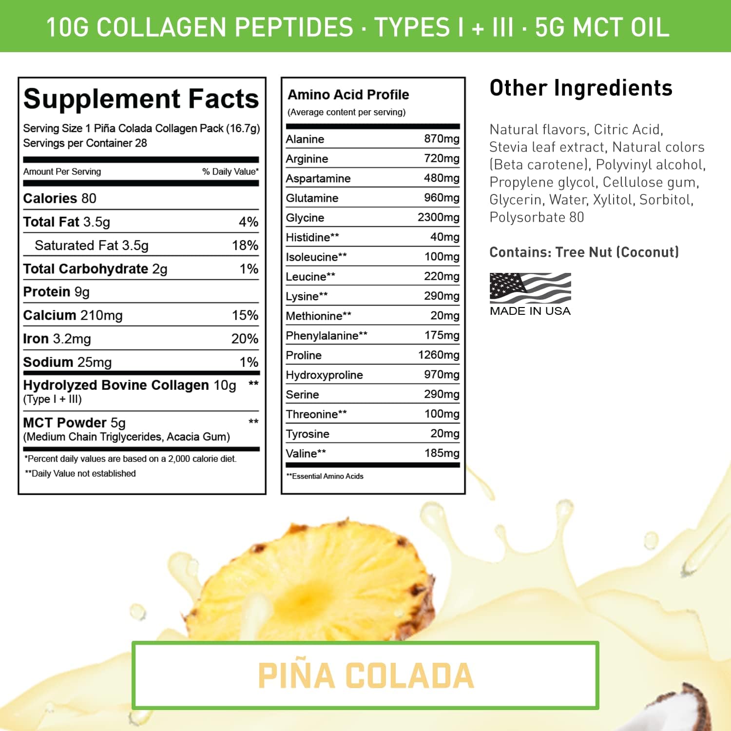 VADE Nutrition Keto Collagen Peptides Powder Packs with MCT Oil - Grass Fed Hydrolyzed Supplement for Hair, Skin, Nails, and Joints - Piña Colada Flavor - 28 Packets