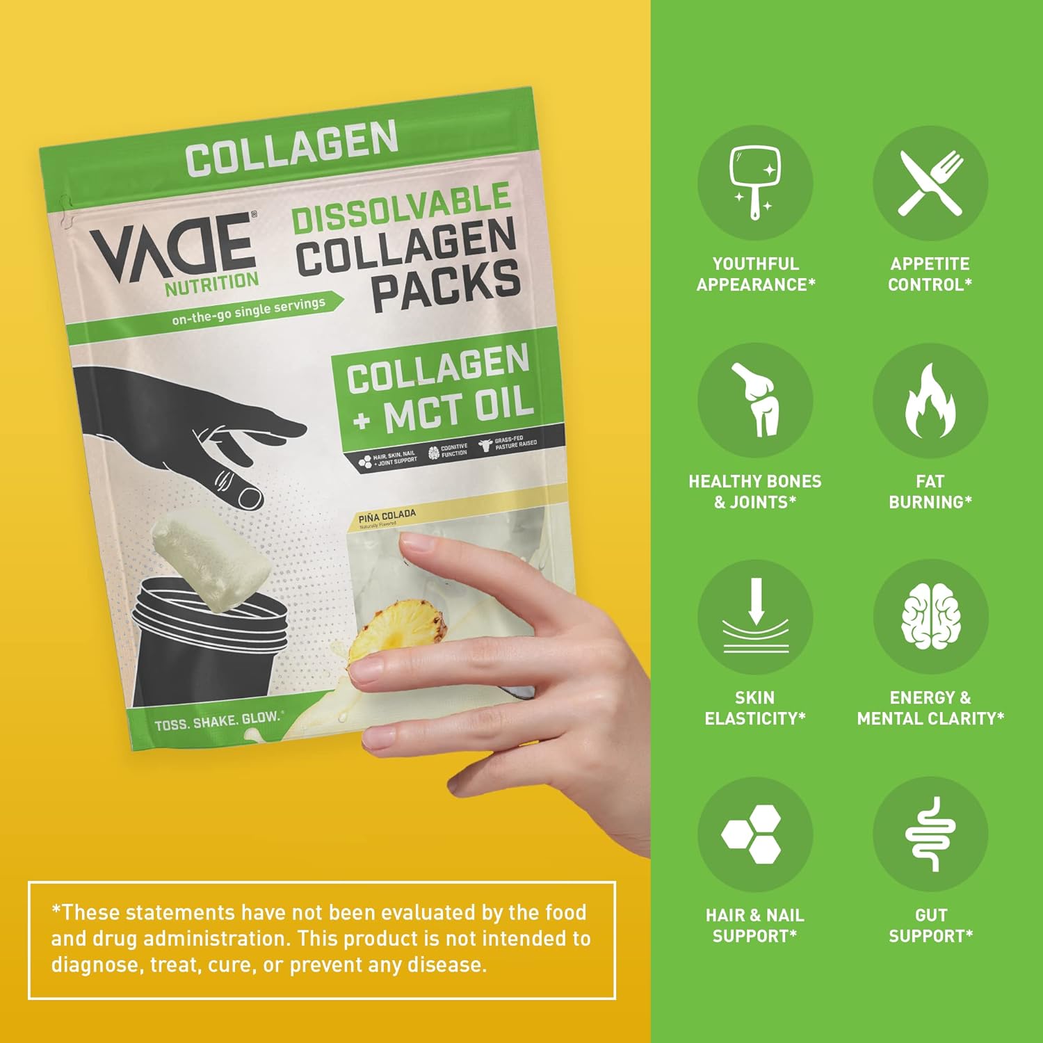VADE Nutrition Keto Collagen Peptides Powder Packs with MCT Oil - Grass Fed Hydrolyzed Supplement for Hair, Skin, Nails, and Joints - Piña Colada Flavor - 28 Packets