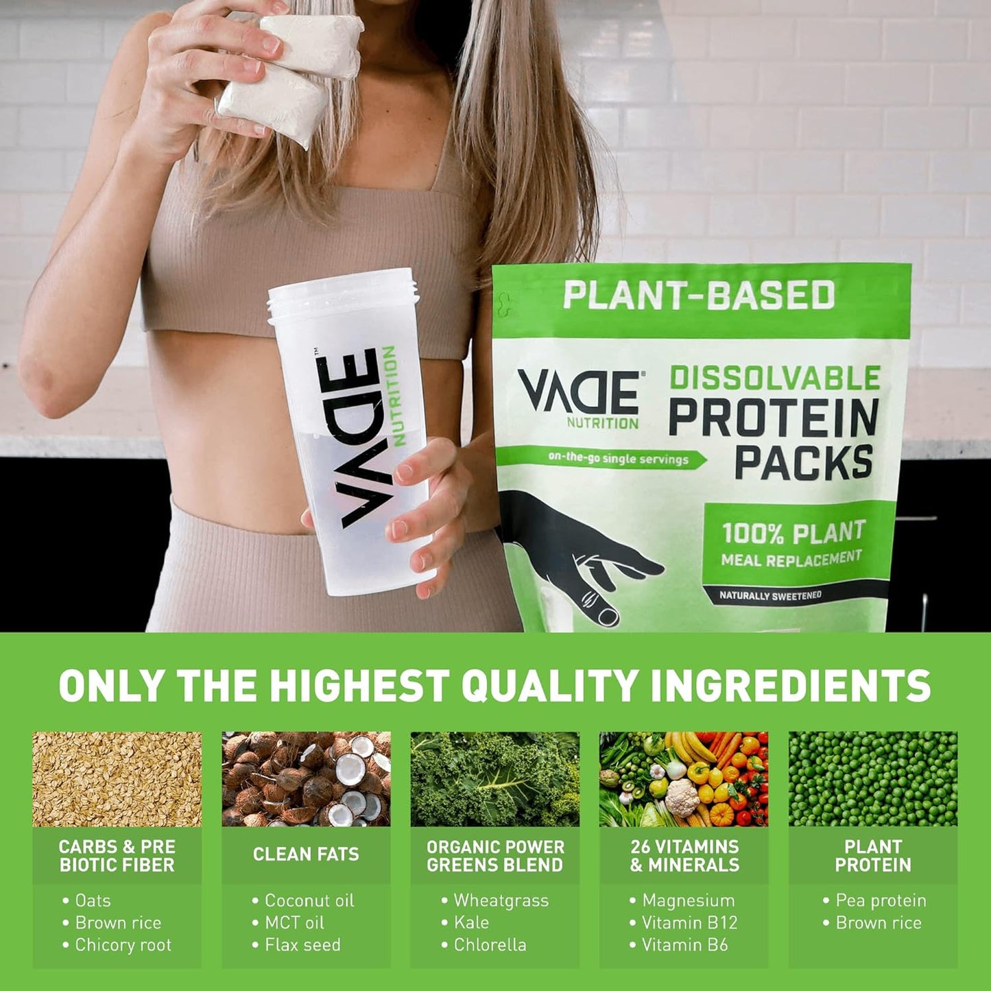 Vade Nutrition Plant-Based Meal Replacement Packs - Vanilla Flavor, On-The-Go Vegan Nutrition with 26 Vitamins & Minerals, 10 Superfoods, Lactose & Gluten Free, No Sugar Added - 14 Servings