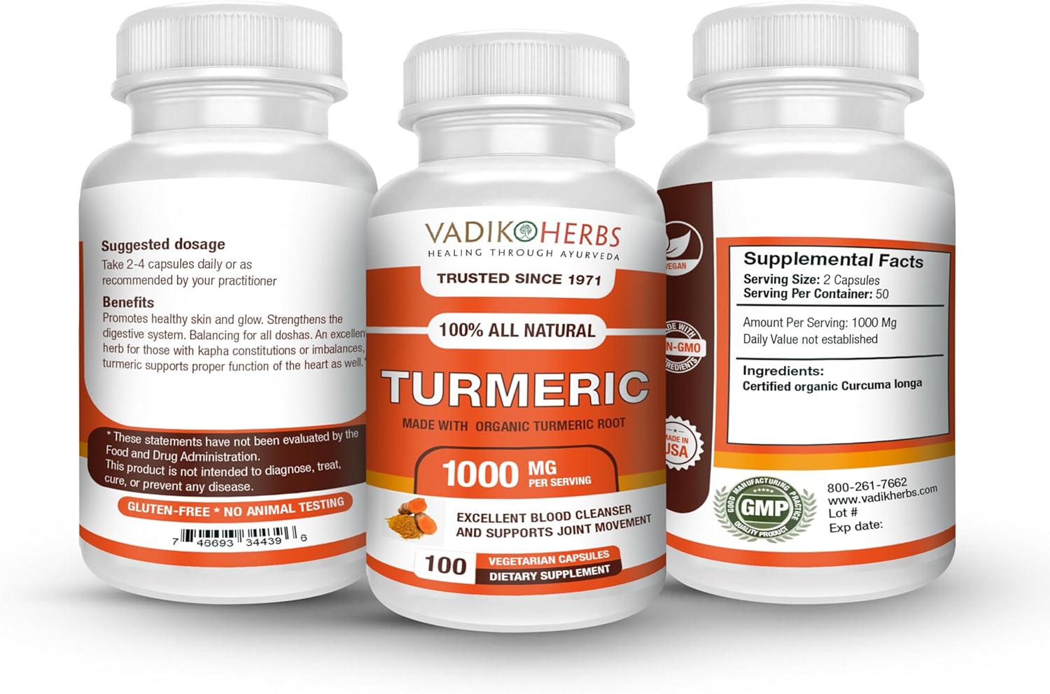 Vadik Herbs Turmeric Curcumin 1000 mg Organic Supplement | 100 Vegetarian Capsules | USA Made | Trusted Since 1971