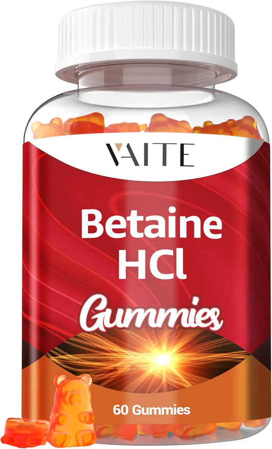 VAITE Betaine HCL Gummies - 1000 mg Hydrochloric Acid Supplement for Digestive Support - Non-GMO, Vegan, Gluten-Free - 60 Gummy Pack for Low Stomach Acid