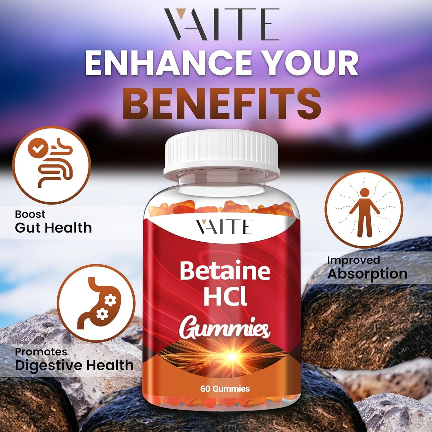 VAITE Betaine HCL Gummies - 1000 mg Hydrochloric Acid Supplement for Digestive Support - Non-GMO, Vegan, Gluten-Free - 60 Gummy Pack for Low Stomach Acid