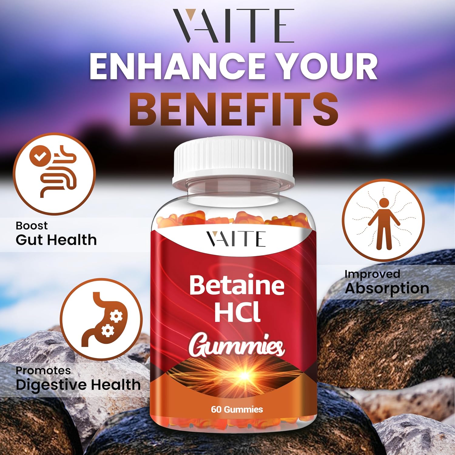 VAITE Betaine HCL Gummies - 1000 mg Hydrochloric Acid Supplement for Digestive Support - Non-GMO, Vegan, Gluten-Free - 60 Gummy Pack for Low Stomach Acid