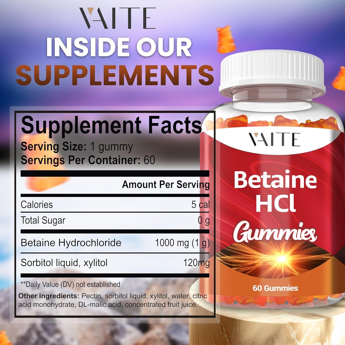 VAITE Betaine HCL Gummies - 1000 mg Hydrochloric Acid Supplement for Digestive Support - Non-GMO, Vegan, Gluten-Free - 60 Gummy Pack for Low Stomach Acid