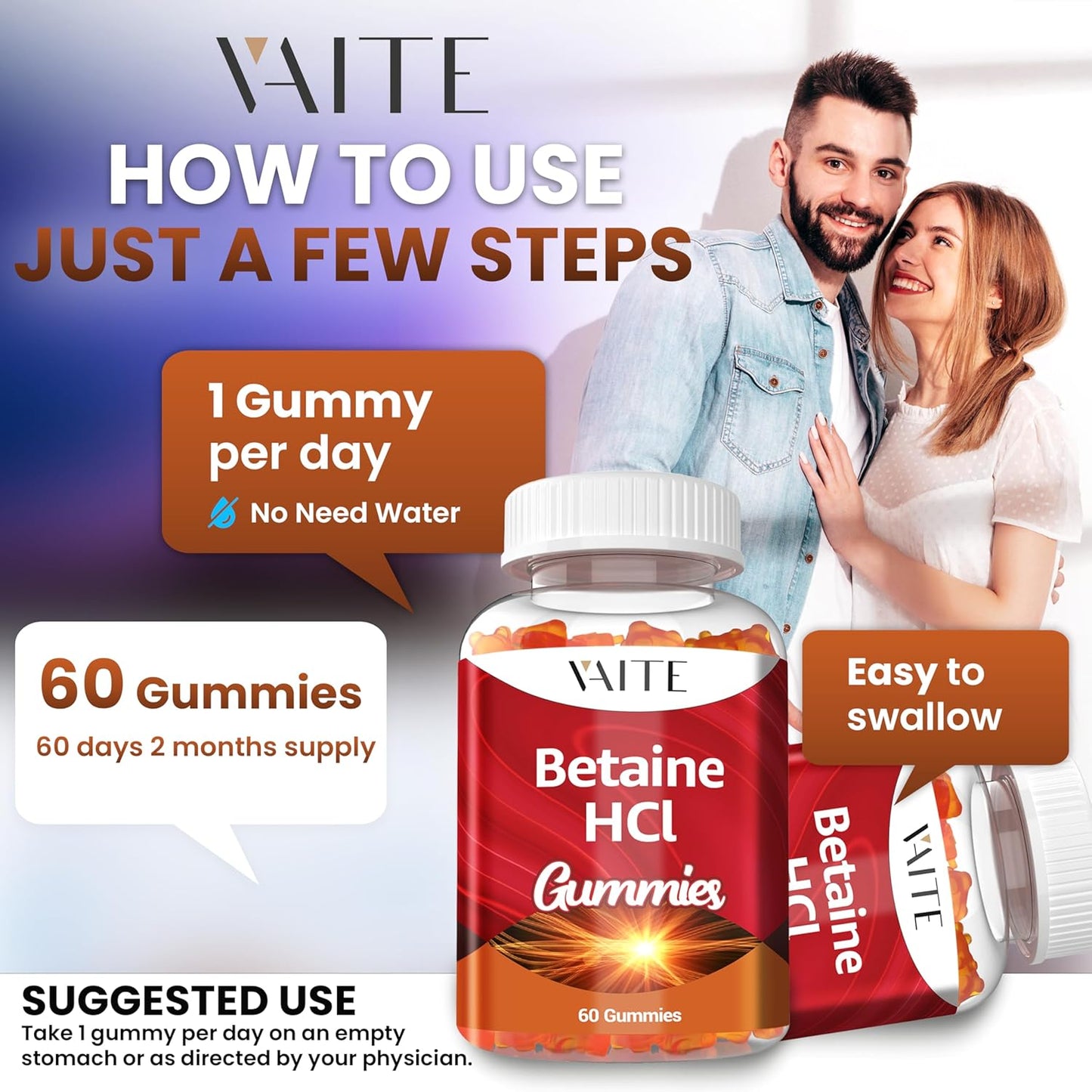 VAITE Betaine HCL Gummies - 1000 mg Hydrochloric Acid Supplement for Digestive Support - Non-GMO, Vegan, Gluten-Free - 60 Gummy Pack for Low Stomach Acid