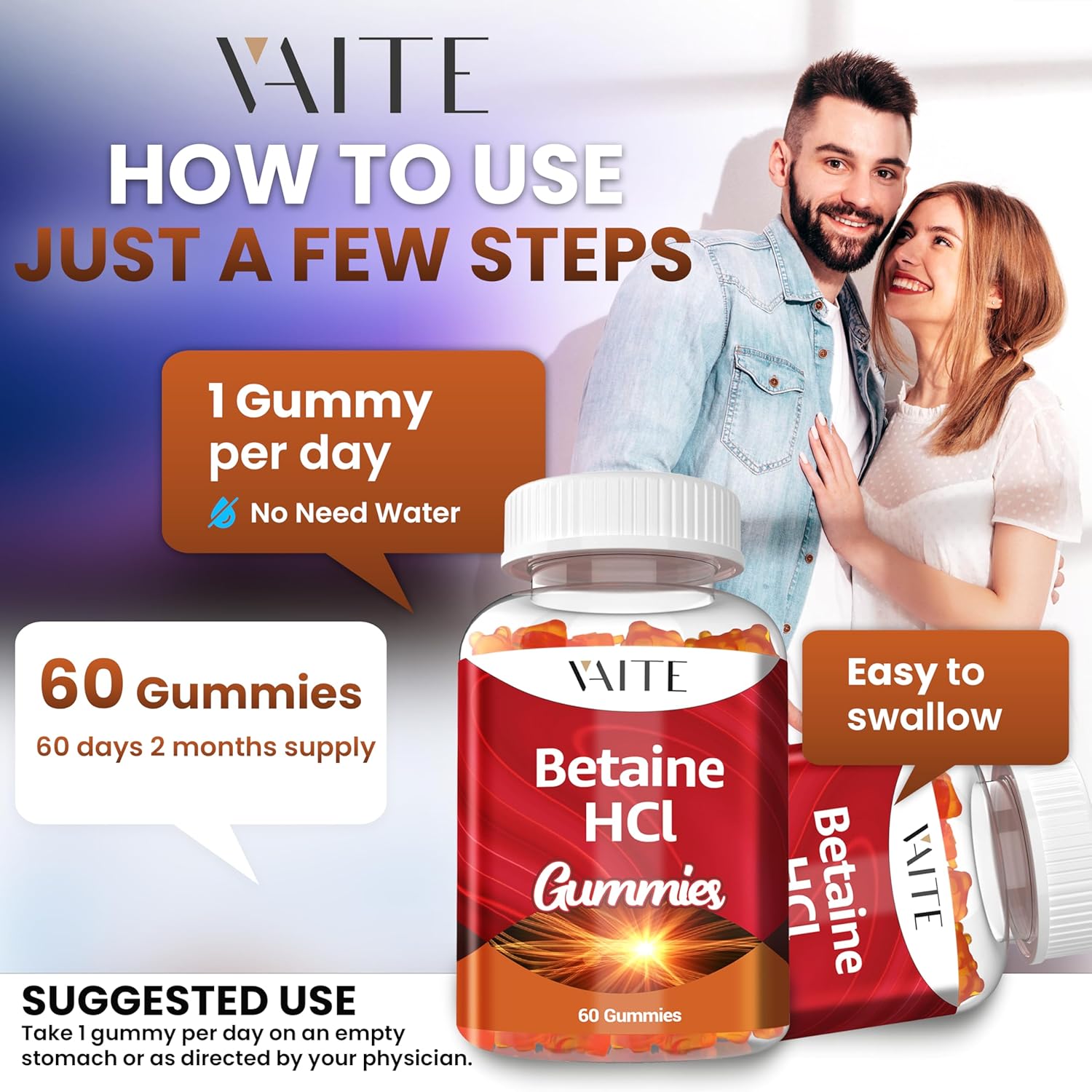 VAITE Betaine HCL Gummies - 1000 mg Hydrochloric Acid Supplement for Digestive Support - Non-GMO, Vegan, Gluten-Free - 60 Gummy Pack for Low Stomach Acid