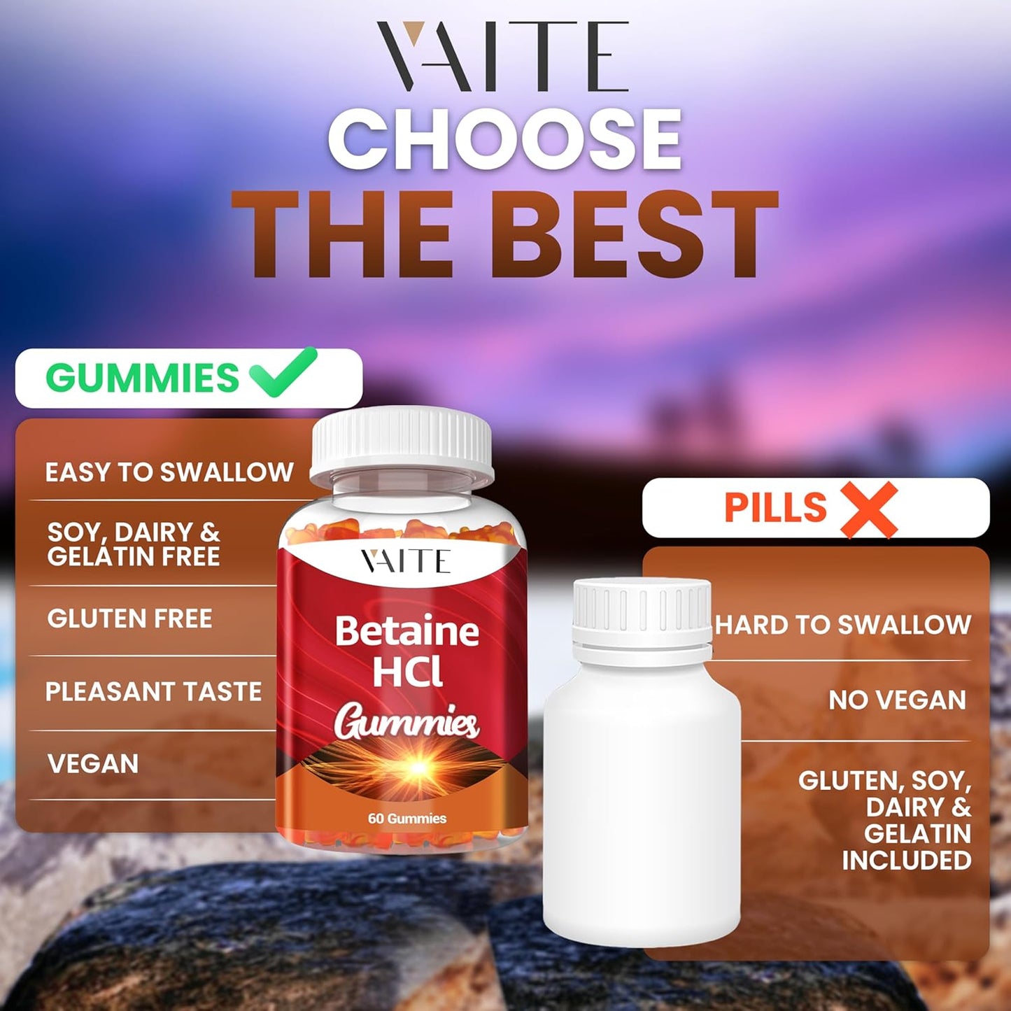 VAITE Betaine HCL Gummies - 1000 mg Hydrochloric Acid Supplement for Digestive Support - Non-GMO, Vegan, Gluten-Free - 60 Gummy Pack for Low Stomach Acid