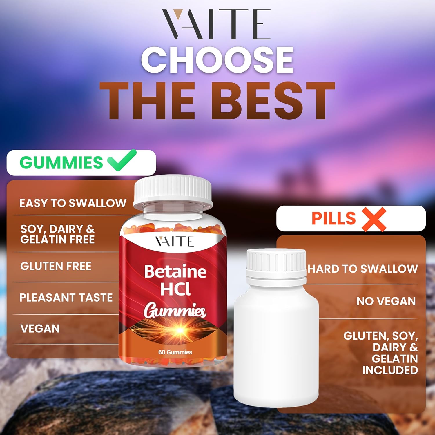 VAITE Betaine HCL Gummies - 1000 mg Hydrochloric Acid Supplement for Digestive Support - Non-GMO, Vegan, Gluten-Free - 60 Gummy Pack for Low Stomach Acid