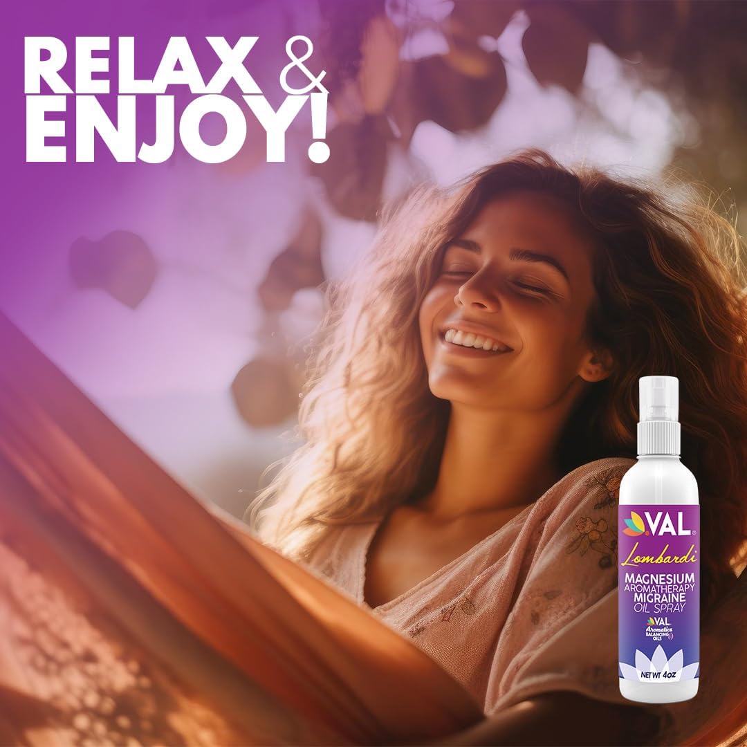 VAL Lombardi Magnesium Aromatherapy Spray with Peppermint & Essential Oils - Fast Relief for Head Tension, 4 oz, USA Made