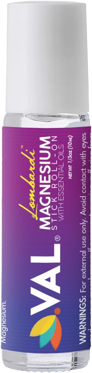 VAL Lombardi Magnesium Cooling Roll-On Stick with Peppermint & Essential Oils - Soothing Relief for Headaches. USA-Made Metal Roller. 10ml.