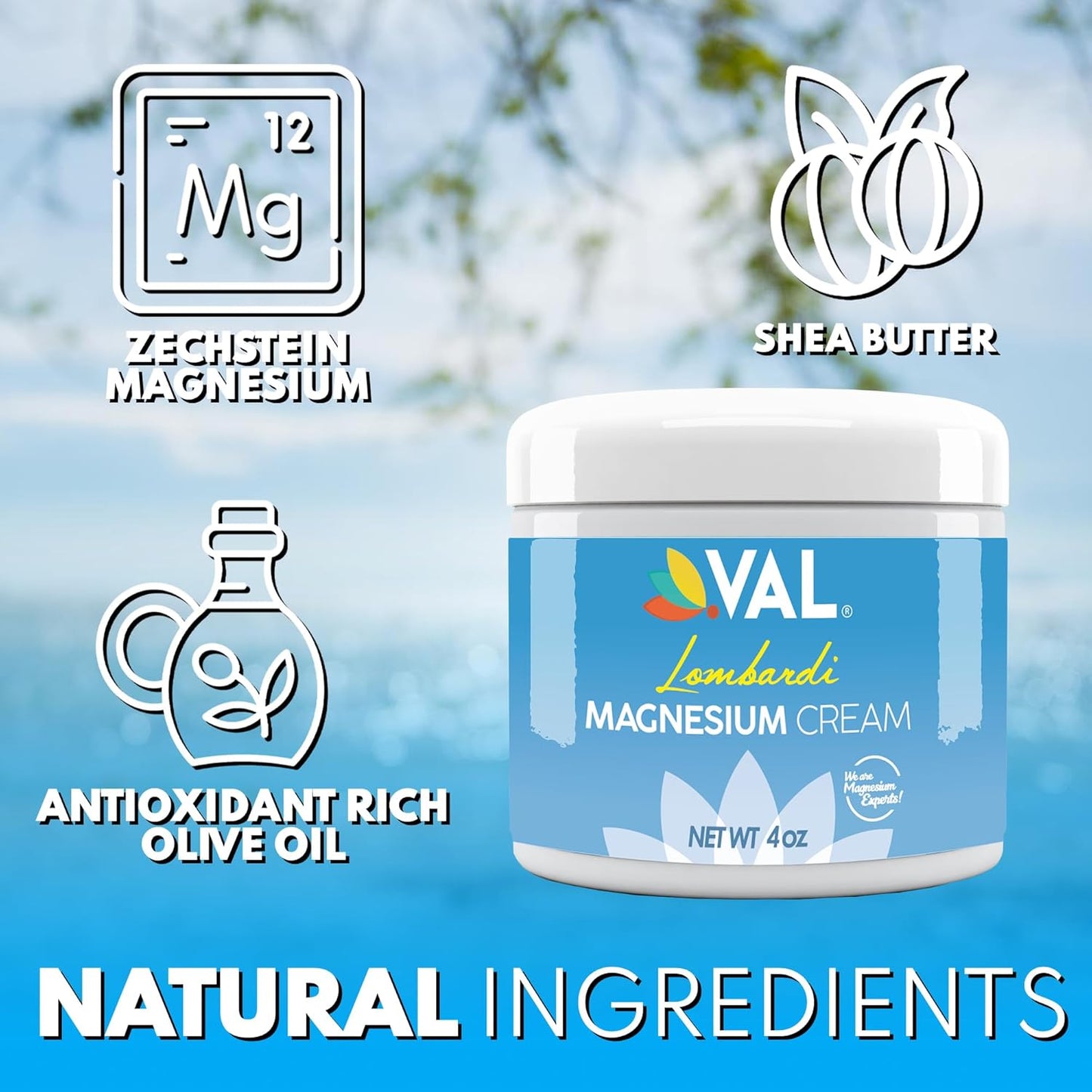 VAL Lombardi Magnesium Lotion | Hydrating Nighttime Cream with Zechstein Magnesium Chloride | Fast-Absorbing Topical Magnesium for Feet, Legs, Arms & Chest | 4oz USA Made