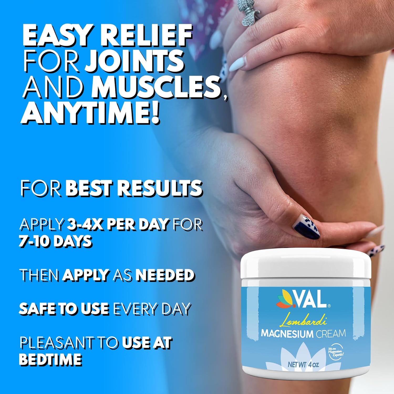 VAL Lombardi Magnesium Lotion | Hydrating Nighttime Cream with Zechstein Magnesium Chloride | Fast-Absorbing Topical Magnesium for Feet, Legs, Arms & Chest | 4oz USA Made