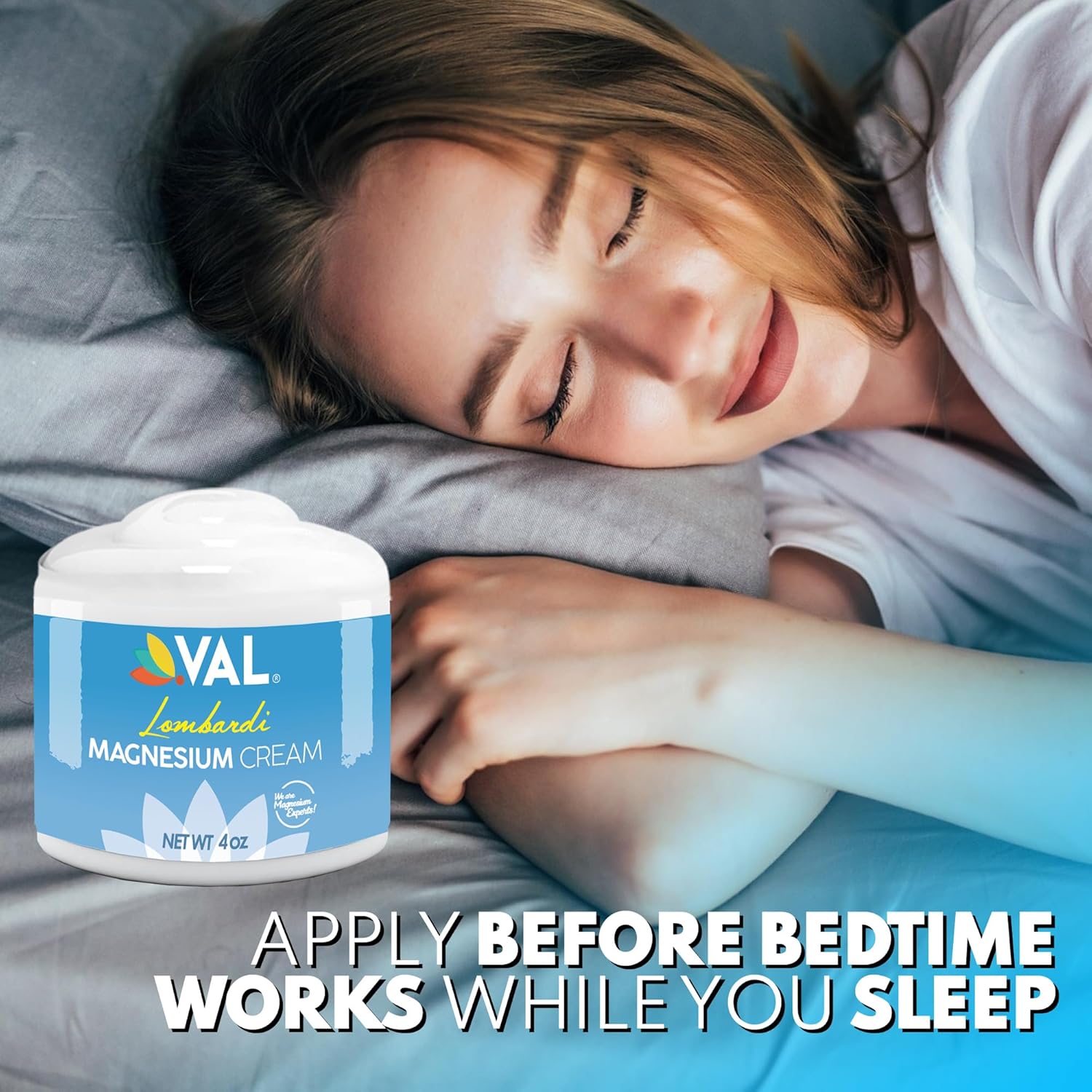 VAL Lombardi Magnesium Lotion | Hydrating Nighttime Cream with Zechstein Magnesium Chloride | Fast-Absorbing Topical Magnesium for Feet, Legs, Arms & Chest | 4oz USA Made