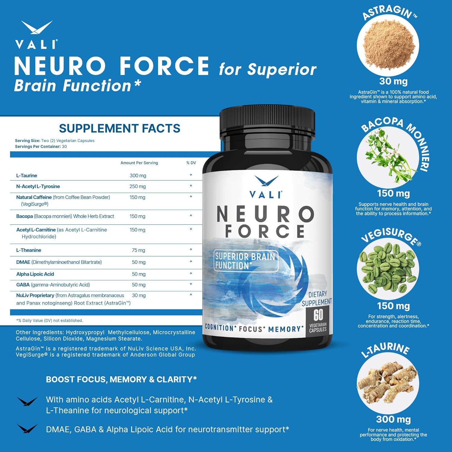 VALI Neuro Force Electrolyte Salts with Caffeine Bundle - Nootropic Brain Booster & Hydration Recovery Supplement