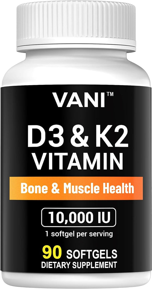 VANI Vitamin D3 (10000iu/250mcg) + K2 (as Mk7) Softgels for Bone, Muscle, and Teeth Health - 90 Count