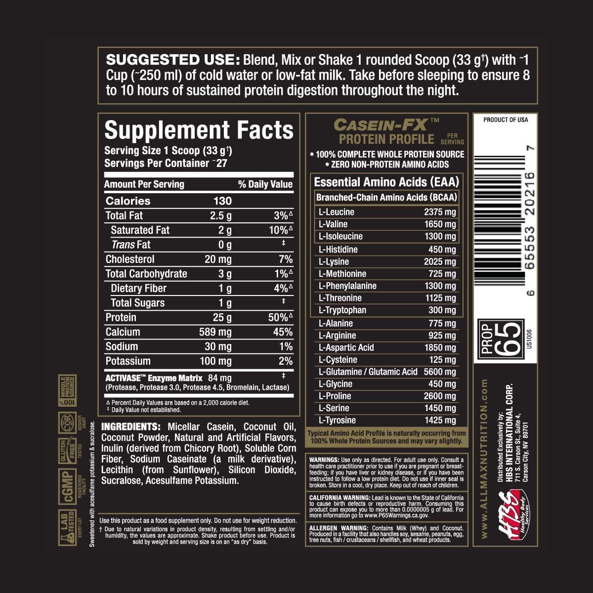 Vanilla ALLMAX CASEIN-FX Protein Powder - 2 lb Tub - 25g Slow-Release Protein - Low Carb, No Added Sugar - 27 Servings