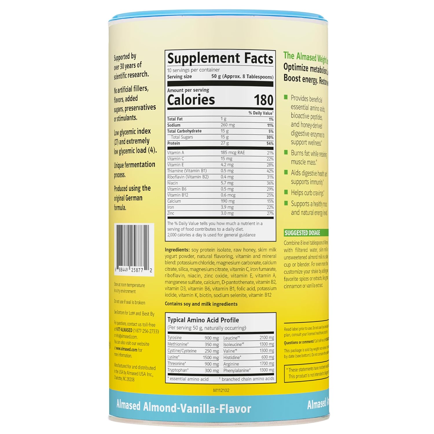 Vanilla Almased Meal Replacement Shake - Low-Glycemic Plant-Based Protein Powder - Nutritional Weight Support - 17.6 oz (4 Pack)
