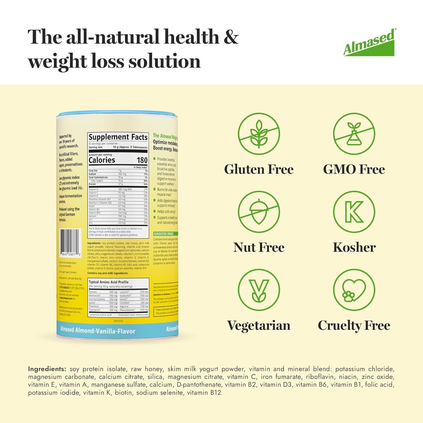 Vanilla Almased Meal Replacement Shake - Low-Glycemic Plant-Based Protein Powder - Nutritional Weight Support - 17.6 oz (4 Pack)