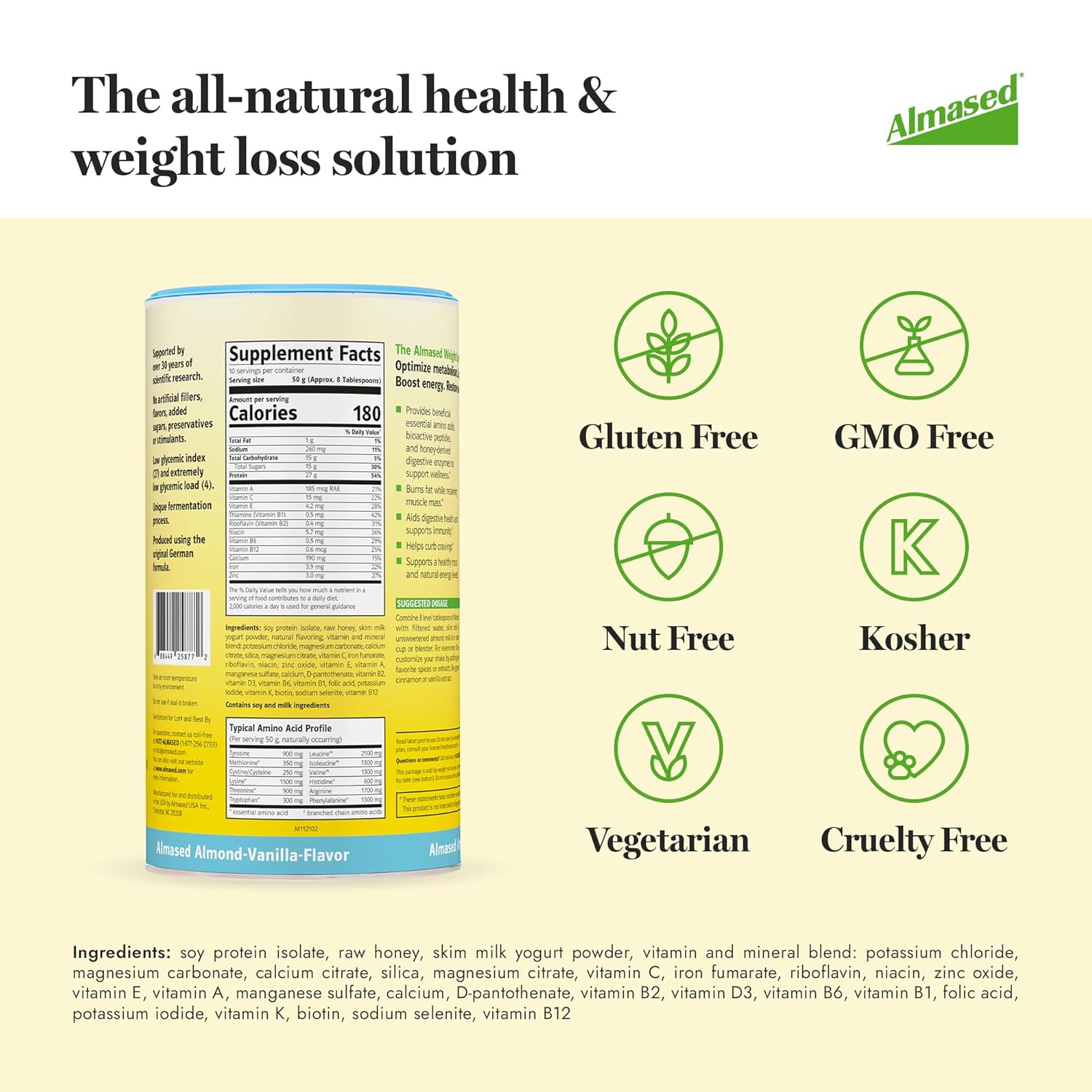 Vanilla Almased Meal Replacement Shake - Low-Glycemic Plant-Based Protein Powder - Nutritional Weight Support - 17.6 oz (4 Pack)