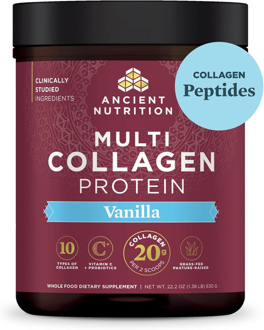 Vanilla Ancient Nutrition Multi Collagen Protein Powder with Probiotics & Vitamin C - Supports Skin, Nails, and Gut Health (60 Servings)