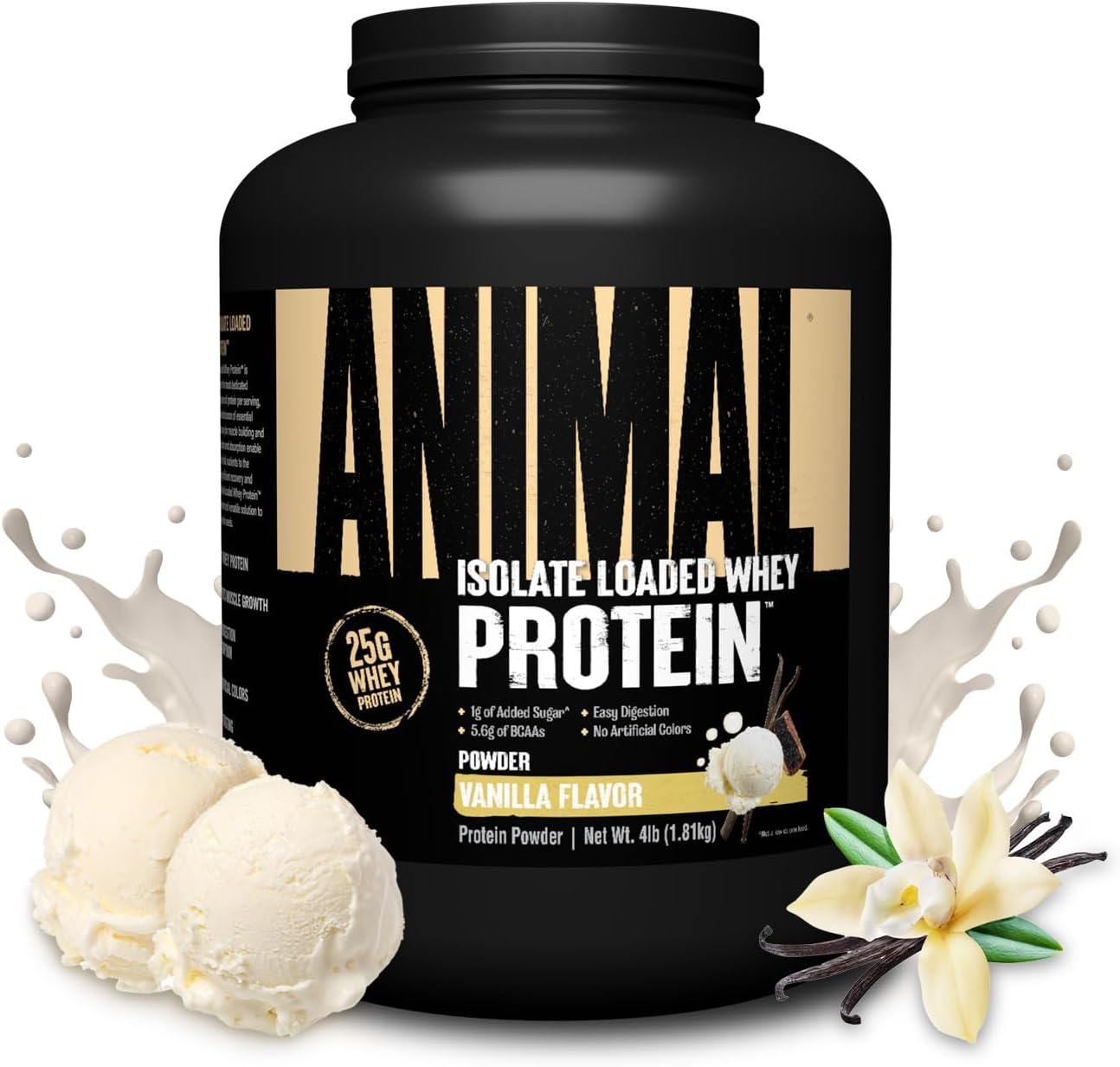 Vanilla Animal Whey Isolate Protein Powder - 25g Protein, Low Sugar, Muscle Builder for Men & Women, Pre & Post Workout Recovery with Digestive Enzymes - 4 lbs