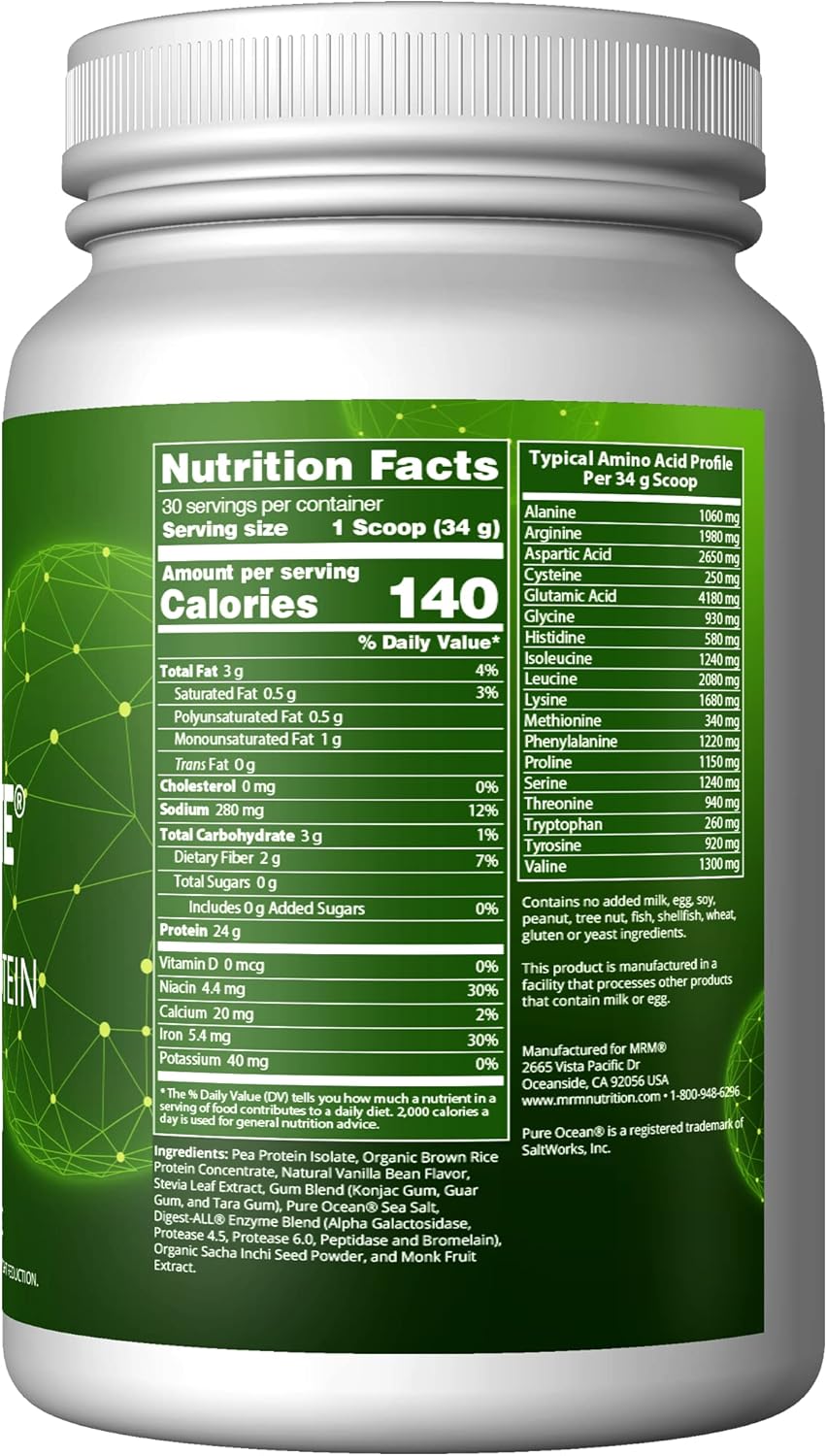 Vanilla Bean Flavored Plant-Based Performance Protein with BCAAs, Digestive Enzymes, Vegan & Gluten-Free - MRM Nutrition Veggie Elite (30 Servings) - BoostGo Australia