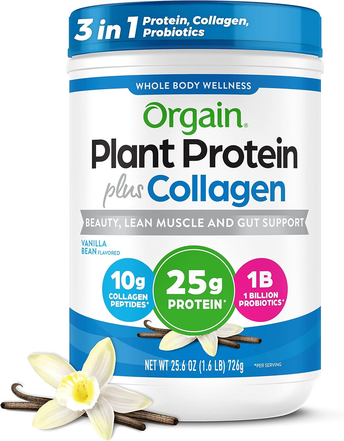 Vanilla Bean Orgain Protein Powder with Collagen - 25g Protein, 10g Collagen Peptides, Type I & III, 1B CFU Probiotics, Supports Hair, Skin, Nails, Joints, & Gut Health, Gluten Free - 1.6lb