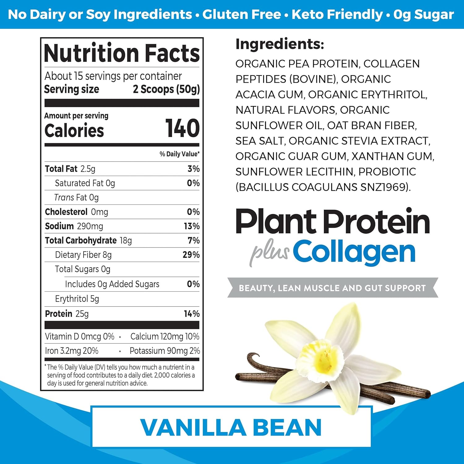 Vanilla Bean Orgain Protein Powder with Collagen - 25g Protein, 10g Collagen Peptides, Type I & III, 1B CFU Probiotics, Supports Hair, Skin, Nails, Joints, & Gut Health, Gluten Free - 1.6lb