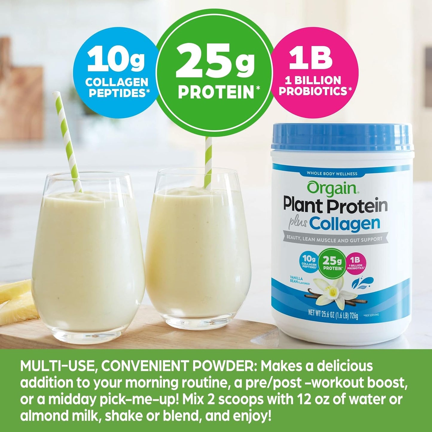 Vanilla Bean Orgain Protein Powder with Collagen - 25g Protein, 10g Collagen Peptides, Type I & III, 1B CFU Probiotics, Supports Hair, Skin, Nails, Joints, & Gut Health, Gluten Free - 1.6lb