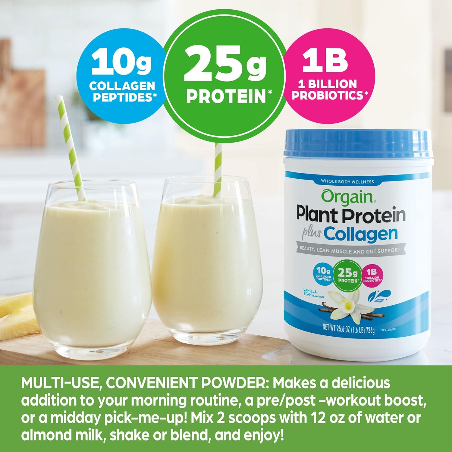 Vanilla Bean Orgain Protein Powder with Collagen - 25g Protein, 10g Collagen Peptides, Type I & III, 1B CFU Probiotics, Supports Hair, Skin, Nails, Joints, & Gut Health, Gluten Free - 1.6lb