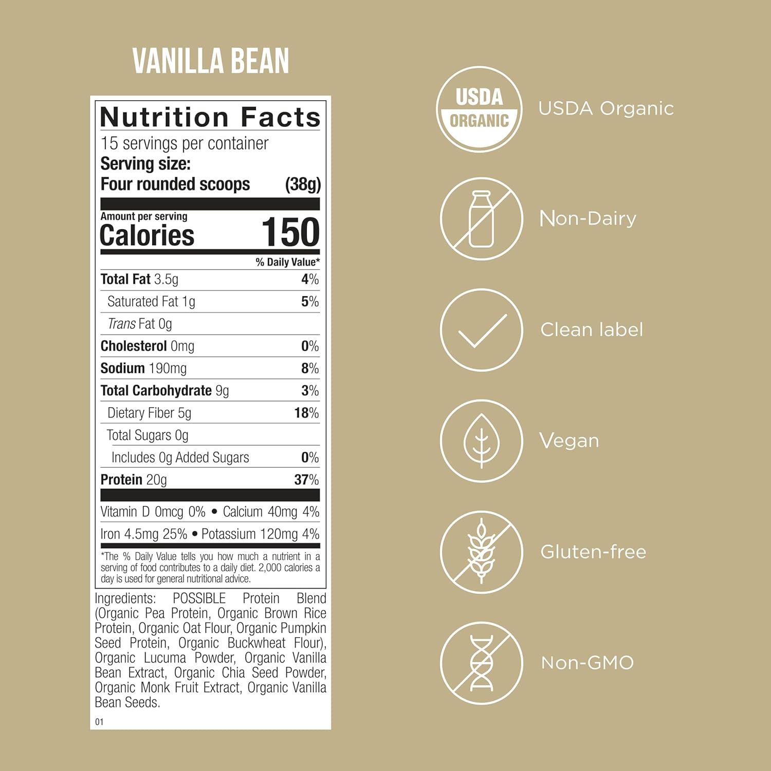 Vanilla Bean Vegan Protein Powder - 20g Plant-Based Protein Mix - Non-GMO, Gluten-Free - 3.5g BCAAs - 9 Essential Amino Acids - 15-Day Supply
