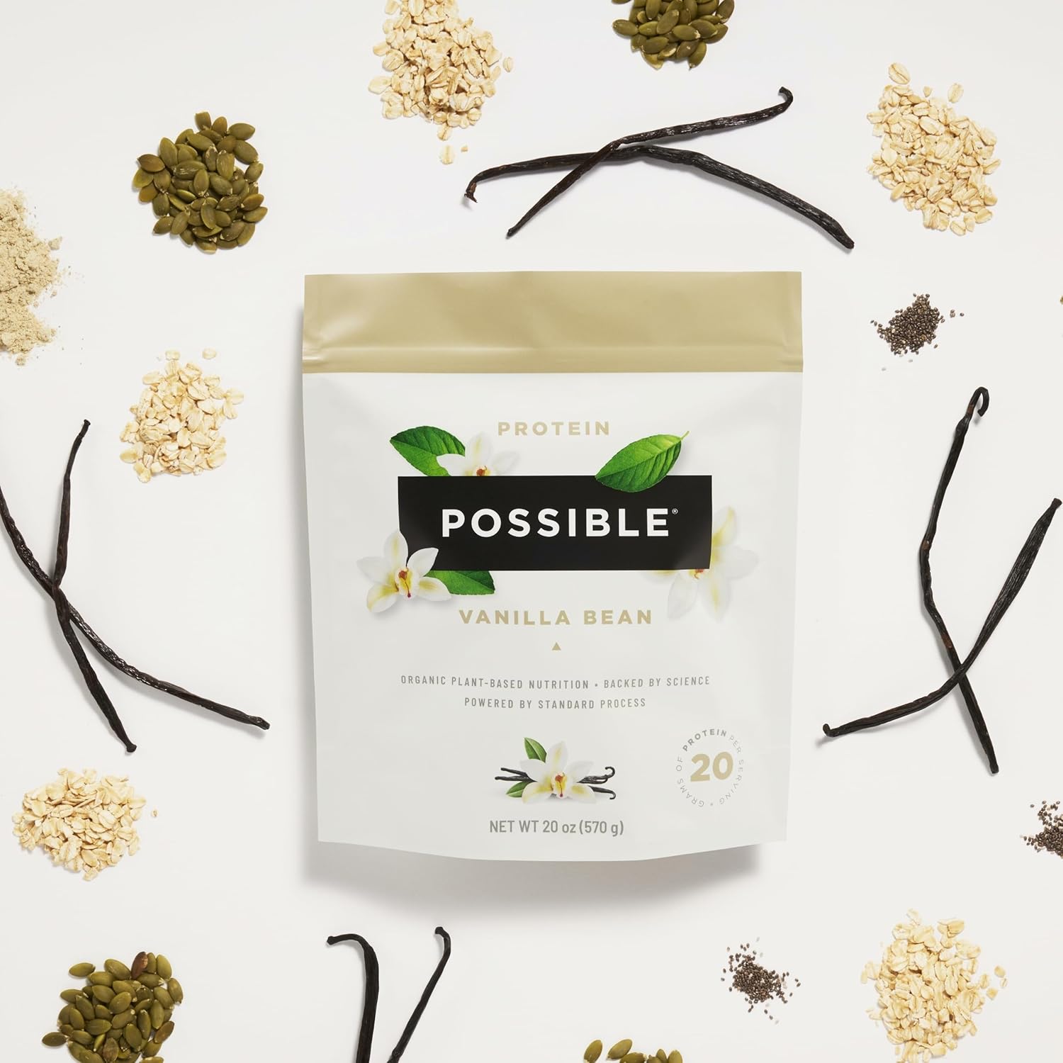 Vanilla Bean Vegan Protein Powder - 20g Plant-Based Protein Mix - Non-GMO, Gluten-Free - 3.5g BCAAs - 9 Essential Amino Acids - 15-Day Supply