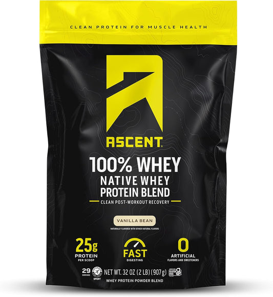 Vanilla Bean Whey Protein Isolate Powder - 100% Ascent Whey, Zero Artificial Ingredients, Gluten & Soy Free, 5.5g BCAA, 2.6g Leucine, Essential Amino Acids - 2 lb