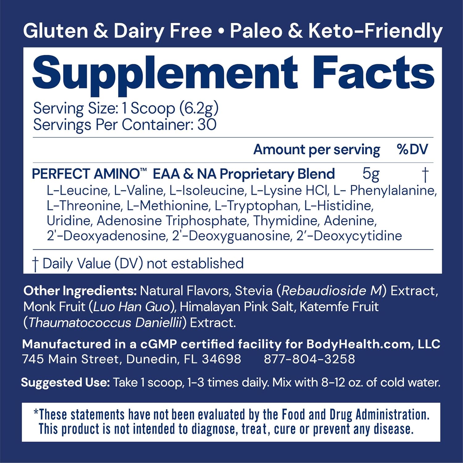 Vanilla BodyHealth PerfectAmino Powder: BCAA and EAA Energy Drink for Lean Muscle and Recovery - Pre and Post Workout Supplement for Men and Women - 30 Servings