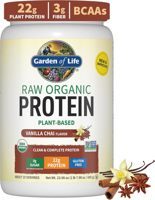 Vanilla Chai Organic Protein Powder - Vegan & Gluten Free, Plant Based Protein Shake with Probiotics, Enzymes, BCAAs - 20 Servings
