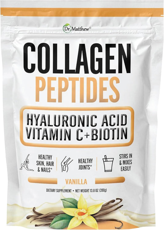 Vanilla Collagen Protein Powder with Hyaluronic Acid, Vitamin C, Biotin - Hair Skin Nails Joint Support - Keto-Friendly, Type 1 & 3