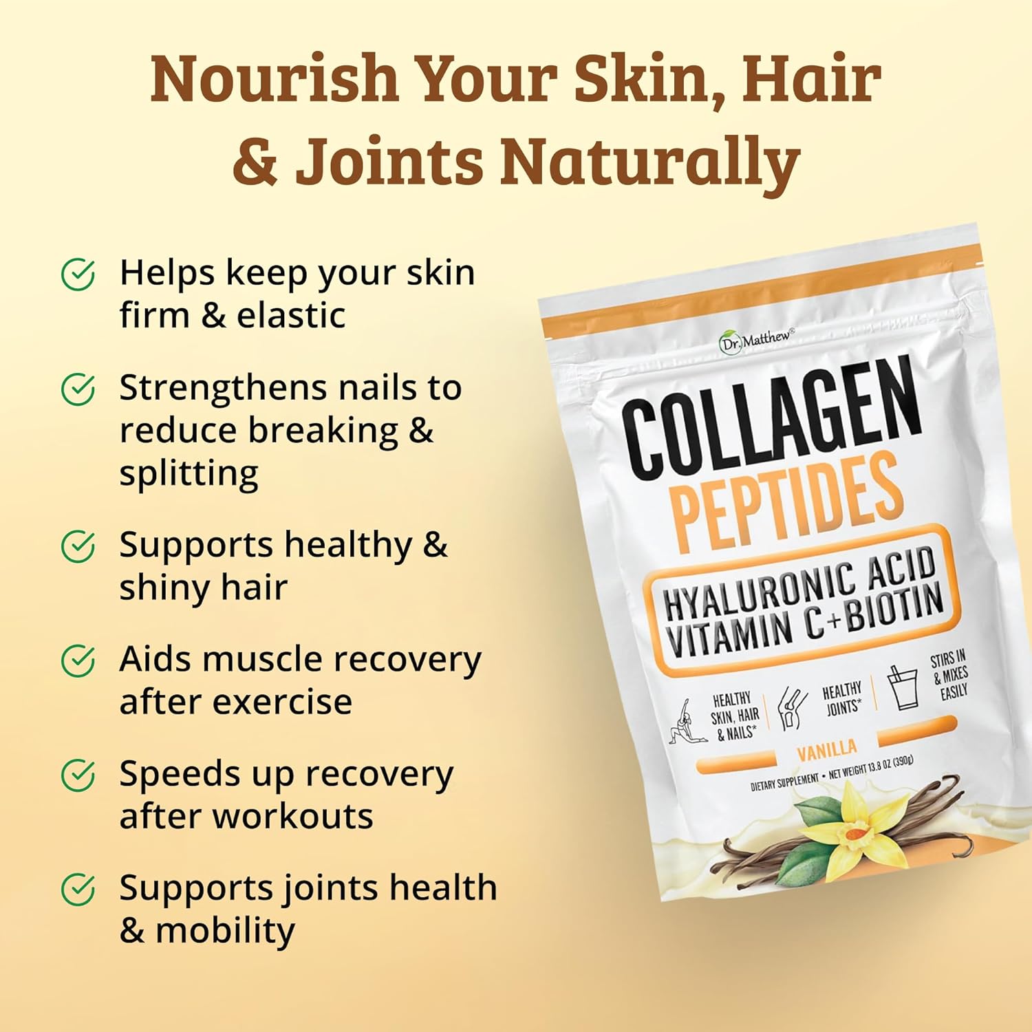Vanilla Collagen Protein Powder with Hyaluronic Acid, Vitamin C, Biotin - Hair Skin Nails Joint Support - Keto-Friendly, Type 1 & 3