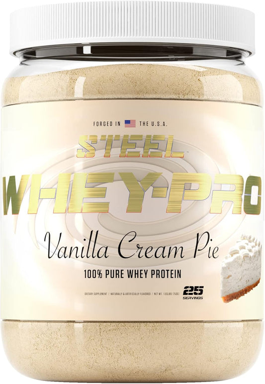 Vanilla Cream Pie Whey Protein Powder | Steel Supplements Whey-Pro for Men and Women | Muscle Gain & Recovery | Gluten Free | 1.65 lbs | BCAA 5g | Non-GMO | 25 Servings