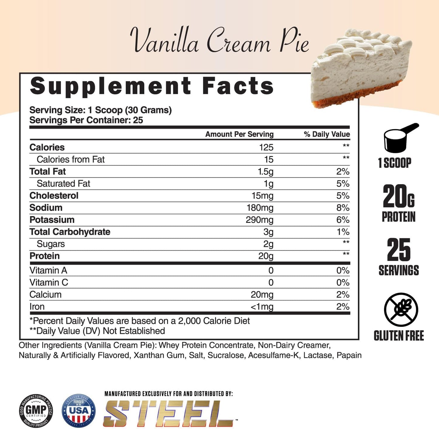 Vanilla Cream Pie Whey Protein Powder | Steel Supplements Whey-Pro for Men and Women | Muscle Gain & Recovery | Gluten Free | 1.65 lbs | BCAA 5g | Non-GMO | 25 Servings