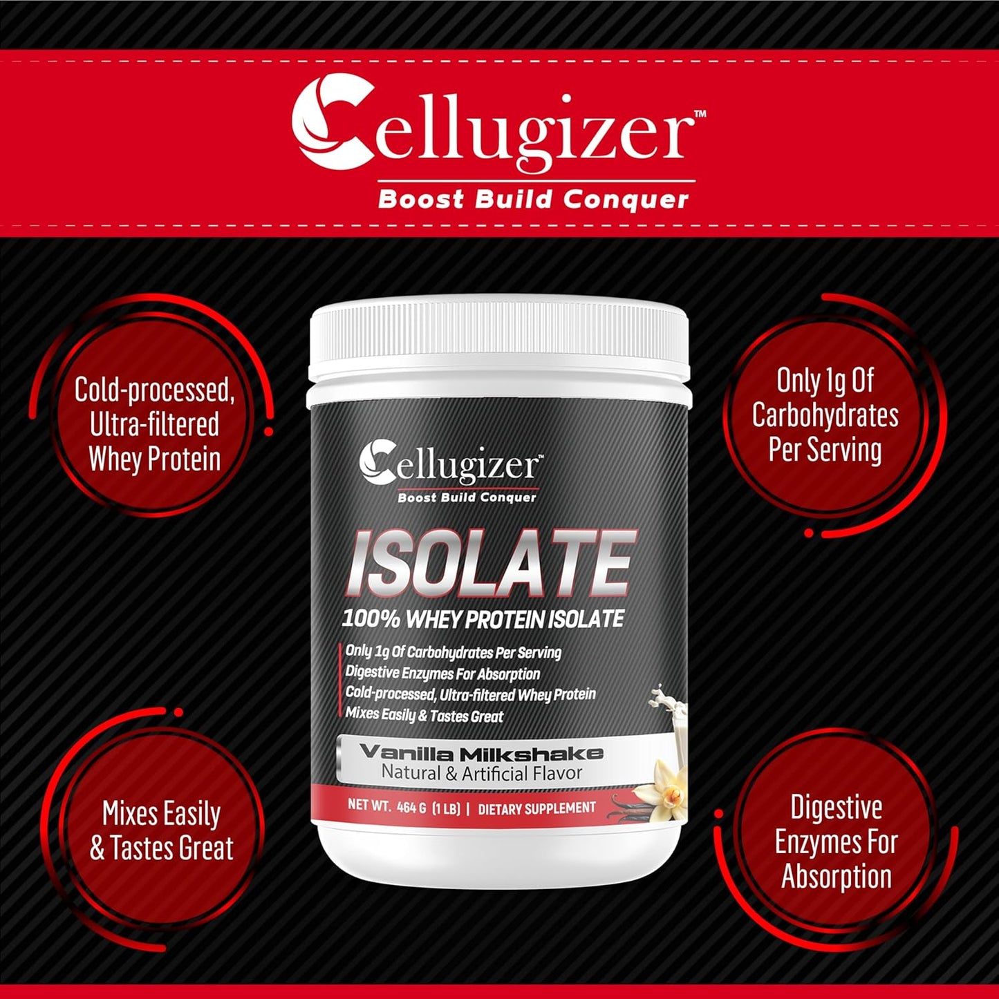 Vanilla Dagola Cellugizer 100% Whey Isolate Protein Powder - 25g Protein, Fast Digesting, 0g Sugar, Low Carb - 1lb