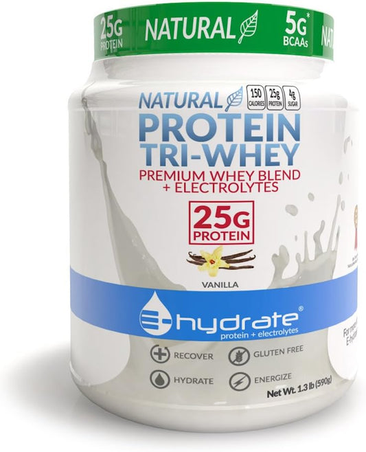 Vanilla E-hydrate Tri-Whey Protein Powder with Gluten-Free BCAA and Electrolytes for Hydration and Recovery - 1.3lb Tub
